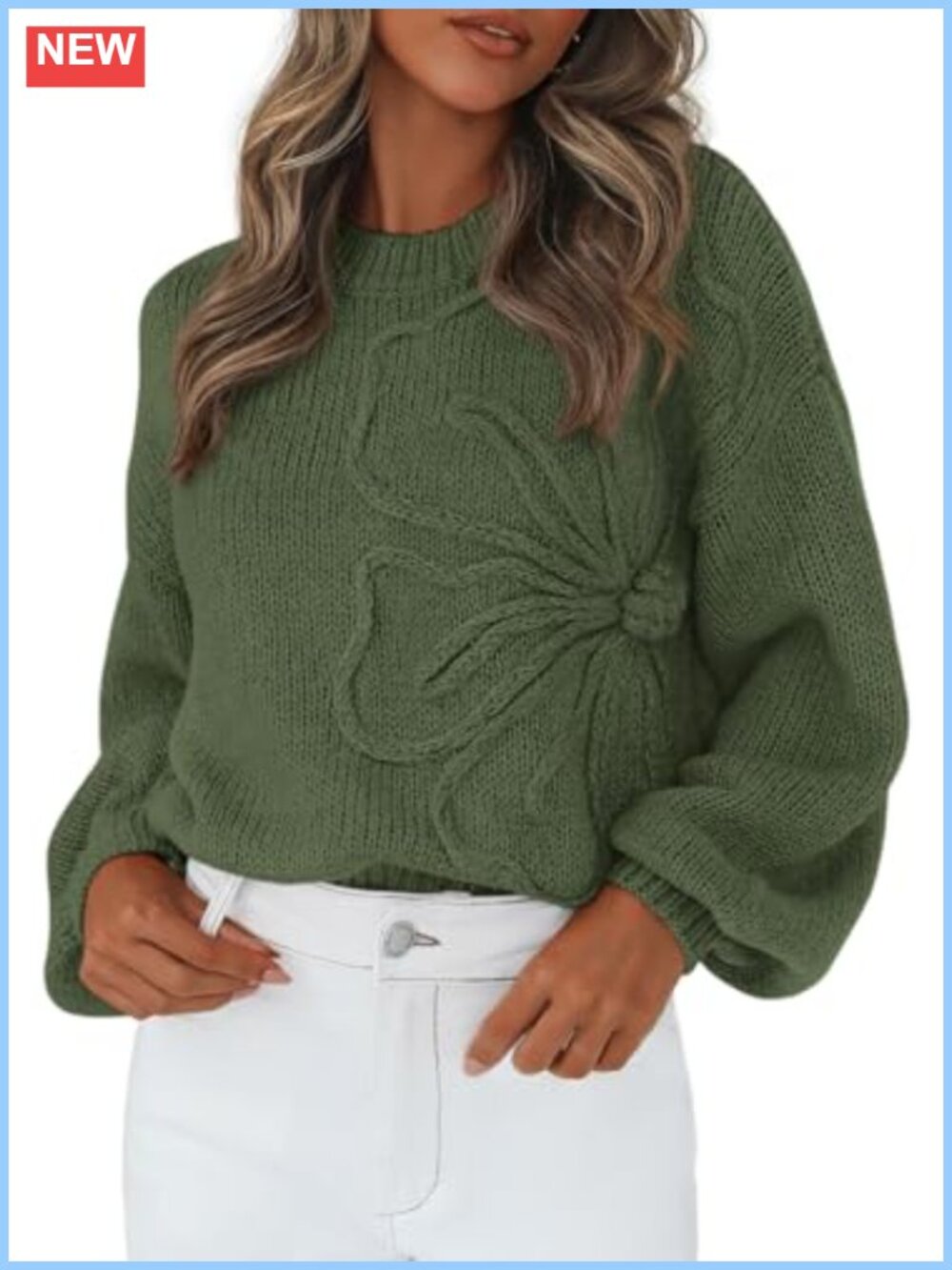 3D Floral Knit Oversized Sweater Chunky Crew Neck Drop Shoulder Lantern Sleeve